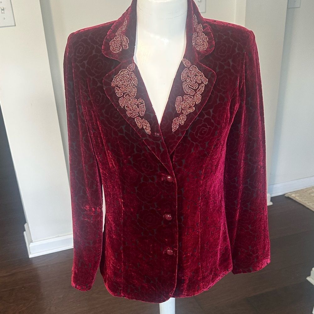 Bob Mackie Wearable Art Red Velour Beaded Rose Print Blazer XS